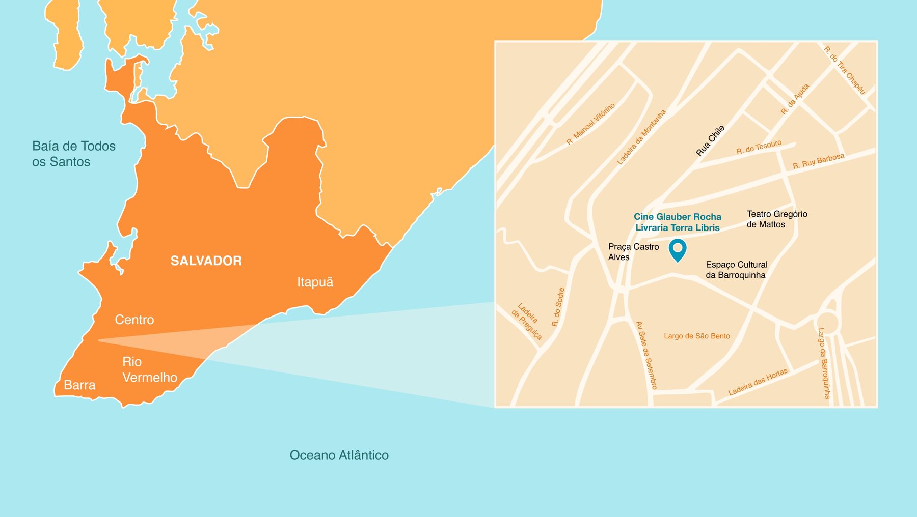 Mapa do Centro Histórico de Salvador indicando o Cine Glauber Rocha